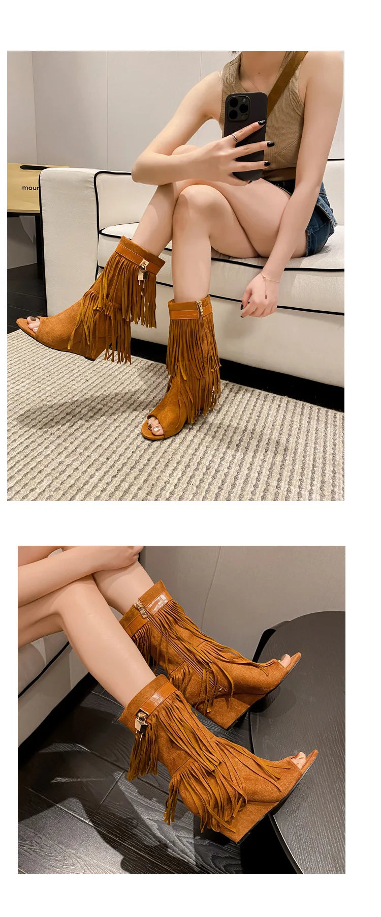 Designer Fringe Wedges Boot Sandals Woman High Heels Open Toe Party Prom Shoes Sexy Zipper Female Pumps Women Boots