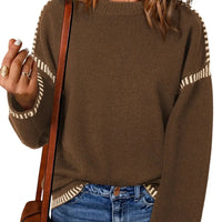 Women's Loose Long Sleeve Crew Neck Knitted Sweater Thickened Polyester Fiber Pure Color Tassel Knitwear