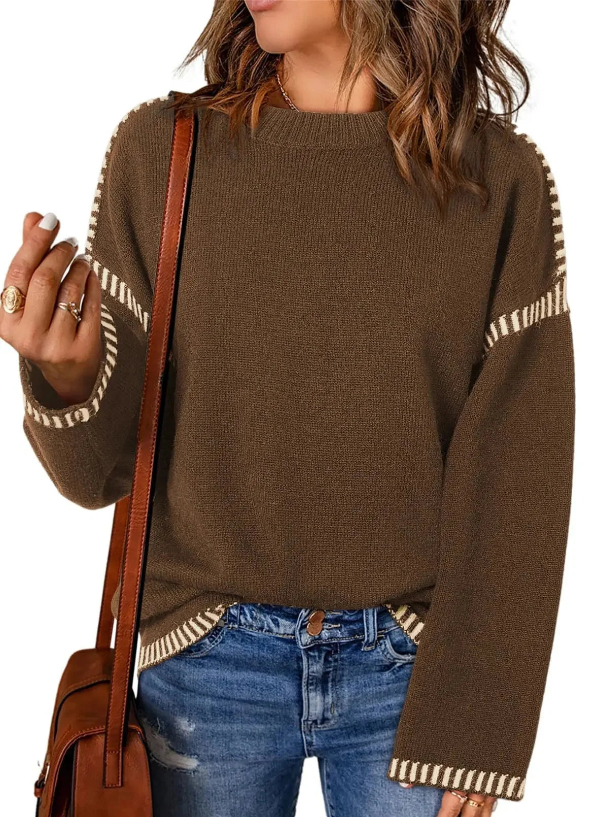 Women's Loose Long Sleeve Crew Neck Knitted Sweater Thickened Polyester Fiber Pure Color Tassel Knitwear