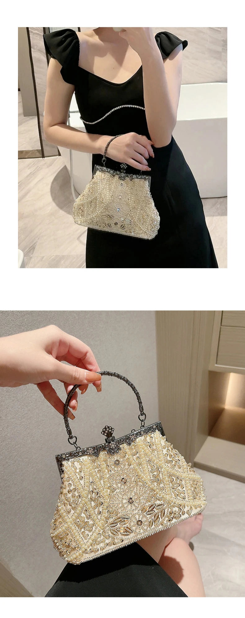 Pearl & Diamond Kiss Lock Clutch Bag Floral Handle Party Bag Metal Chain Cocktail Crossbody Bag