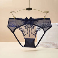 Low Waist Bowknot Lace Hollow Briefs Thin Leaf Flower Mesh Transparent Panties Underpants Open Cotton Crotch