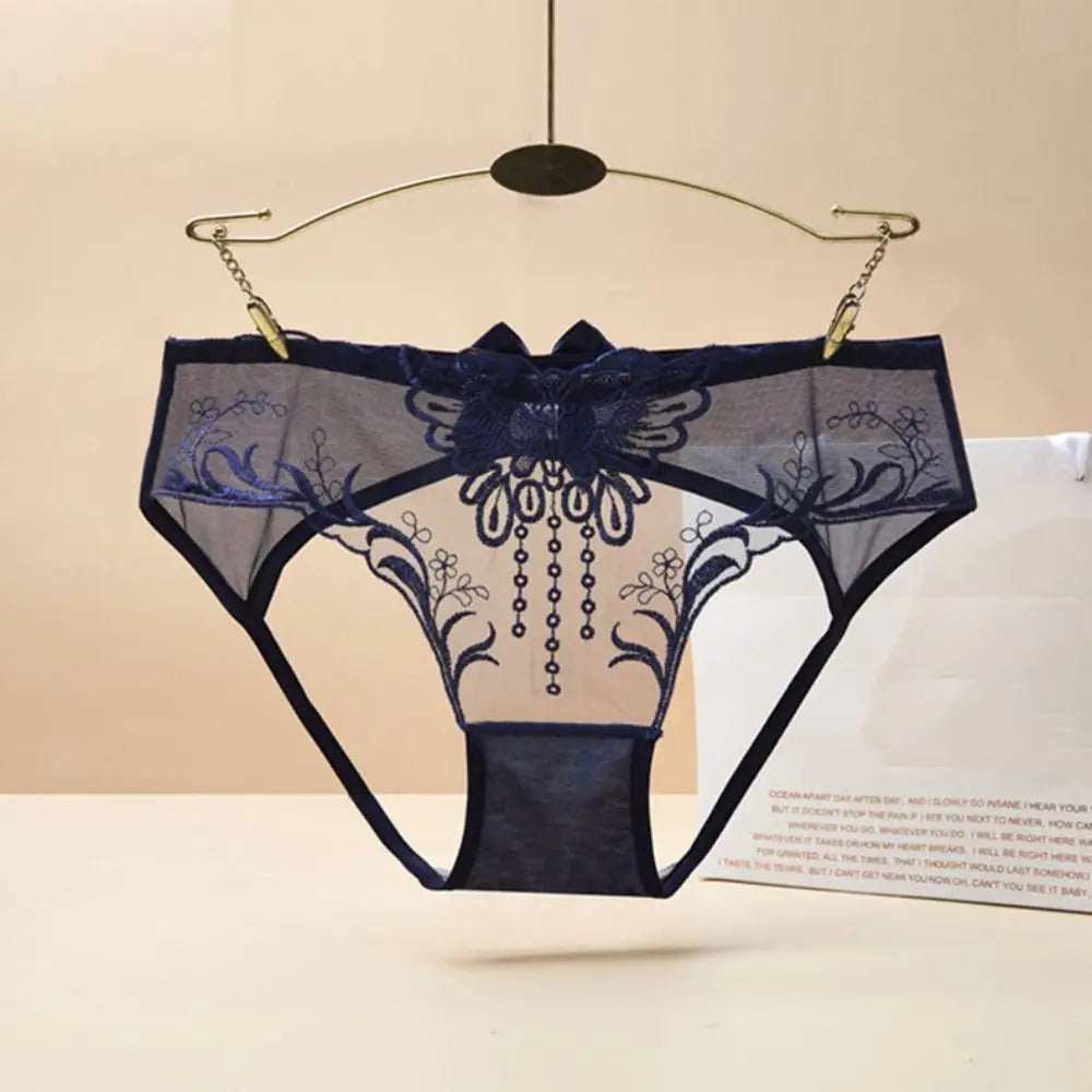 Low Waist Bowknot Lace Hollow Briefs Thin Leaf Flower Mesh Transparent Panties Underpants Open Cotton Crotch