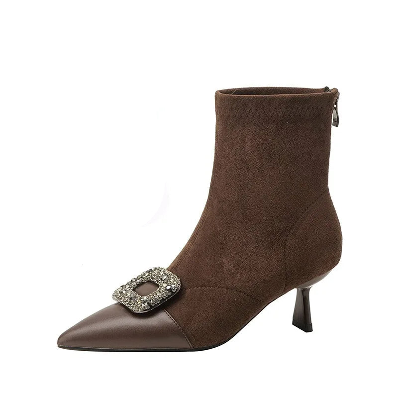 Fashionable Slim Fit Diamond Decorated Pointed Toe High Heel Bootie Mid-Calf Zipper Closure Leather Boot for Women
