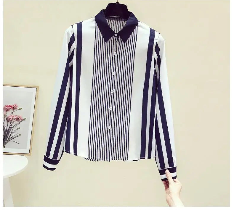 Office Lady Turn-down Collar Straight Loose Button Dress Shirts Blue Striped Long Sleeve Blouses Spring Thin Women's Clothing