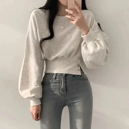 Chic Winter Niche Design Sensibility Round Neck Waist-Fitted Slimming Long Sleeve Cropped Pullover Sweatshirt Top For Women