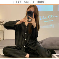 Striped Satin Pajamas Women Jacquard Loungewear Long Sleeve Trousers Two-Piece Set Solid Color Roll-Neck Cardigan Sleepwear