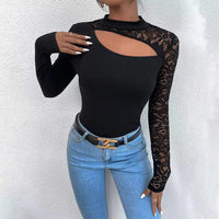 Sexy Lace Irregular Long Sleeve Top Women's Shirts Sexy Off Shoulder Lace Irregular Long Sleeve Black Tops O-neck Ladies Elegant Blouse T-shirt Natalia Home Fashion    Natalia Home Fashion