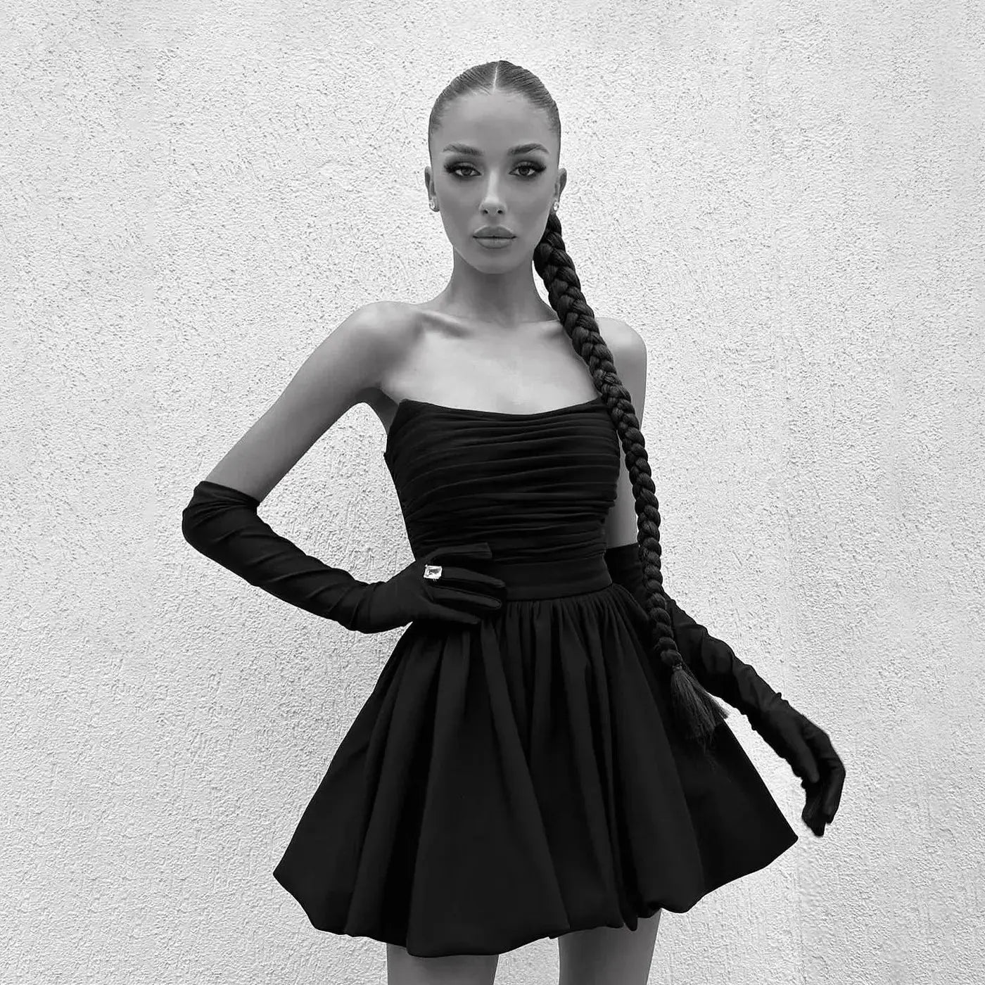Sexy Strapless Sleeveless Pleated Slim Fit Solid Color A-Line Dress Women My Store