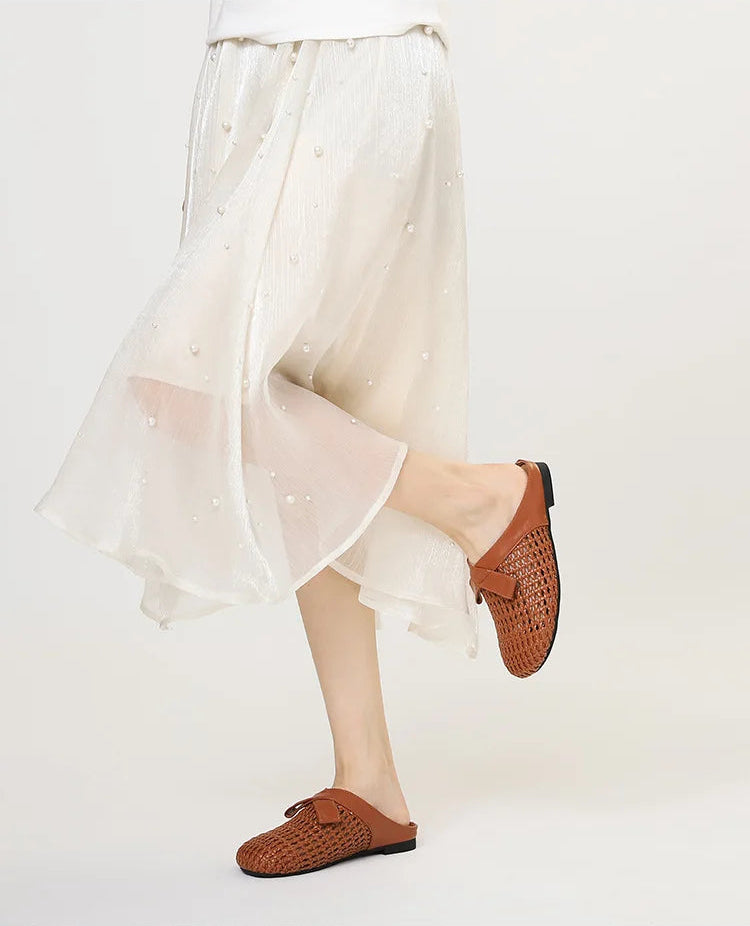 Versatile woven closed-toe sandals with bow and hollow-out design, new summer breathable soft-soled women's sandals