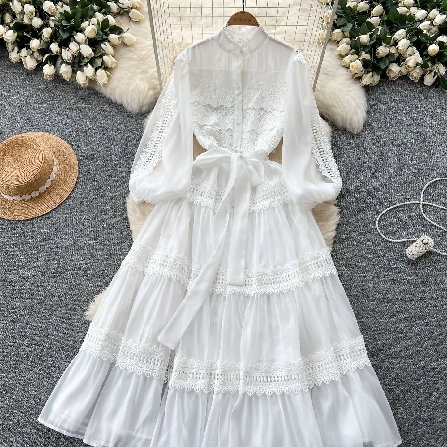 Elegant Hollow Out Organza Long Maxi Dresses Shirt Women  Layer Ruffle Full Sleeve Pearl Evening Party Dress