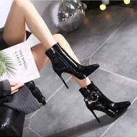 Women Ankle Boots Runway Style Sexy Belt Buckle Side Zip High Heels Patent Leather Party Dress Ladies Shoes
