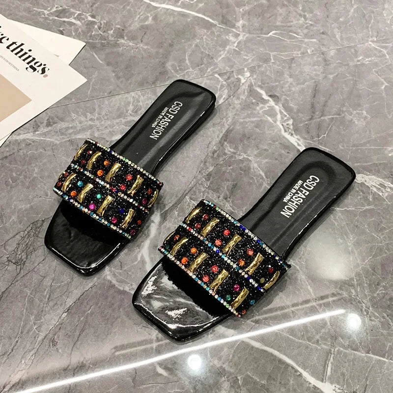 Slippers for Women Shiny Rhinestone Sandals Women Outdoor Beach Casual Shoes Sexy Fashion Flats