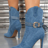 Denim Winter Women's Pointed Sexy Side Zipper, Thin Heel, Ultra High Heel, Leg Show, Long Fashion Short Boots for Women