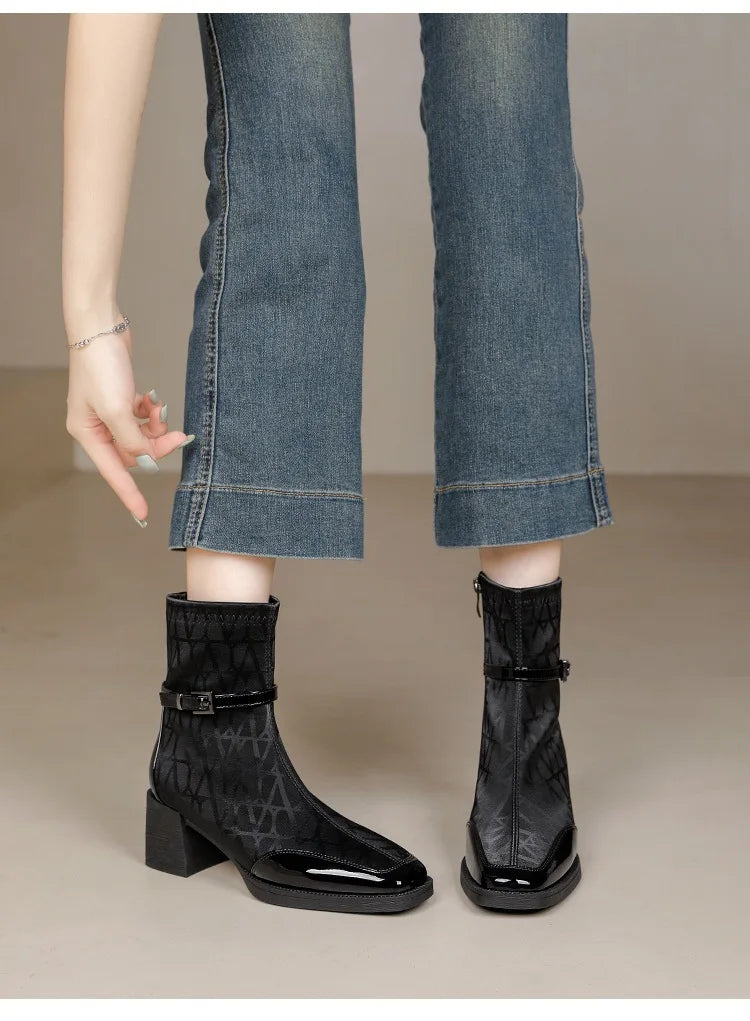 Women's Side Zipper Boot High Heel Short Boot Winter Mid-Calf Boot Chinese Style National Wedding Boot