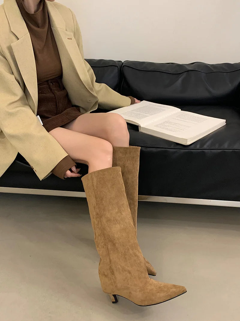 Street Style Pointed Toe Knee-High Boots Women Low Heels Shoes Female Long Booties Women Shoes