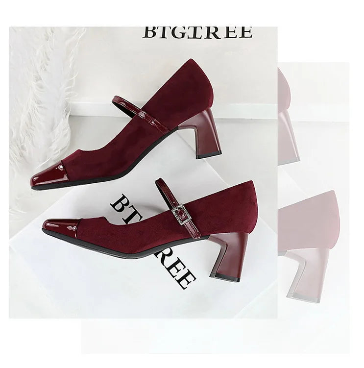 Leopard Print Women Pumps Suede Middle Heel Shoes Sexy Mary Jane Shoes Rhinestone Buckle Ladies Shoe Square Head