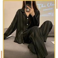 Striped Satin Pajamas Women Jacquard Loungewear Long Sleeve Trousers Two-Piece Set Solid Color Roll-Neck Cardigan Sleepwear