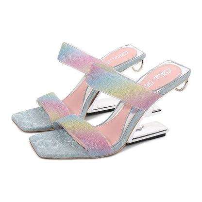Crystal Women Slippers Letter Strange High Heels Prom Dress Shoes Ladies Outside Slides Straps Pumps Summer Sandals Mules Natalia Home Fashion    Natalia Home Fashion