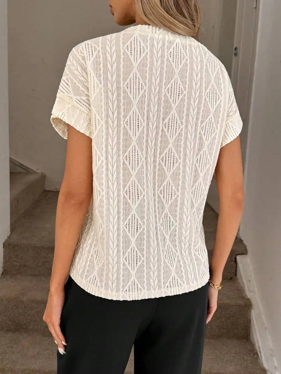 Women's Casual Round Neck Jacquard Short Sleeve Top T-shirt Leisure Commute Women Clothing