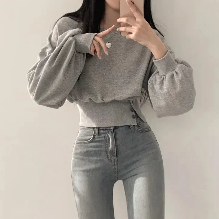 Chic Winter Niche Design Sensibility Round Neck Waist-Fitted Slimming Long Sleeve Cropped Pullover Sweatshirt Top For Women