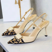 Satin Leopard Pointed Toe Women's Banquet Dress Shoes Elegant Thin High Heeled Pumps Ankle Strap Sexy