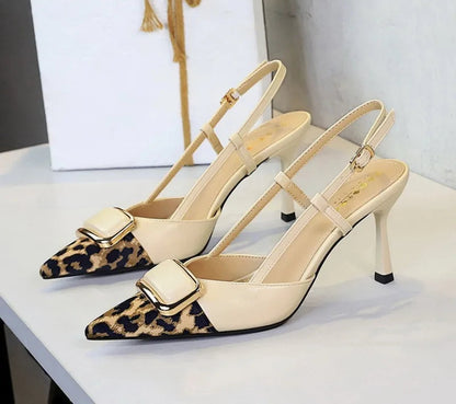 Satin Leopard Pointed Toe Women's Banquet Dress Shoes Elegant Thin High Heeled Pumps Ankle Strap Sexy - Natalia Home Fashion