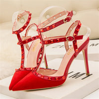 Summer Women 10cm Super High Heels Sandals Rivets Studded Stripper Valentine Strap Heels  Wedding Luxury Shoes