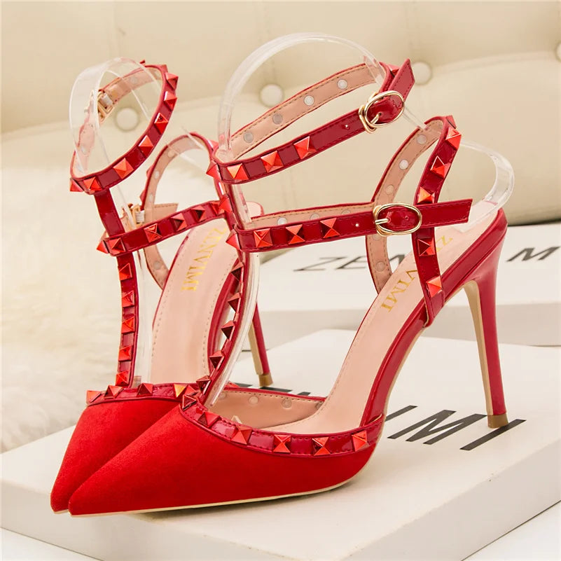 Summer Women 10cm Super High Heels Sandals Rivets Studded Stripper Valentine Strap Heels  Wedding Luxury Shoes