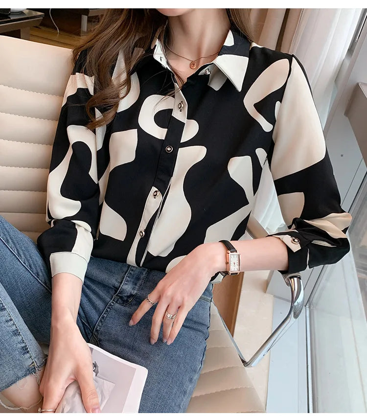 Elegant Long Sleeve Floral Print Chiffon Shirt Women's Versatile High-End Fashion Top Spring City Style Commute Shirt