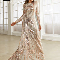 Round Neck Long Sleeved Sequin A Line Evening Dress Banquet Prom Maxi Wedding Bride Dress