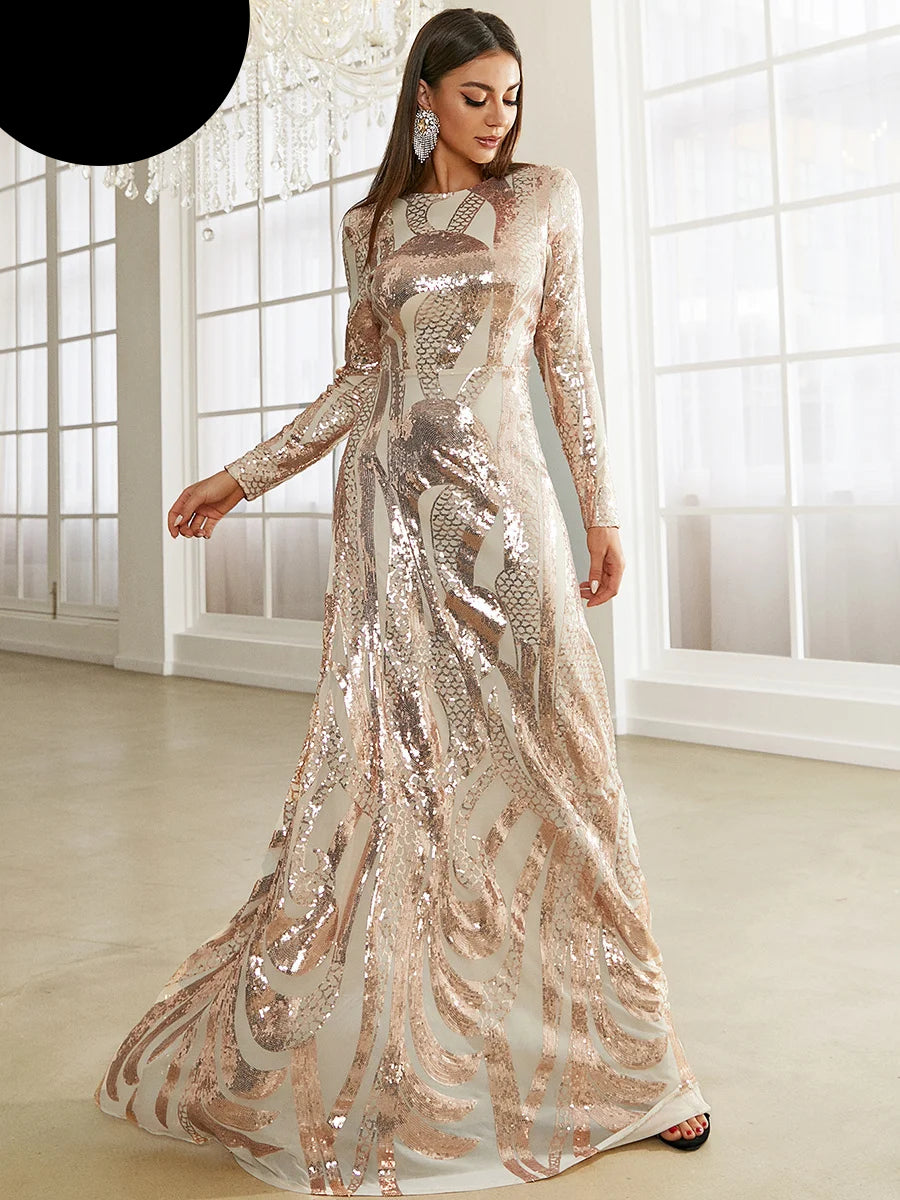 Round Neck Long Sleeved Sequin A Line Evening Dress Banquet Prom Maxi Wedding Bride Dress