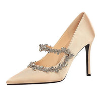 Elegant French Style High Heels Women's Satin Pointed Toe Shoes with Water Diamond Decoration Thin Heel Single Shoes