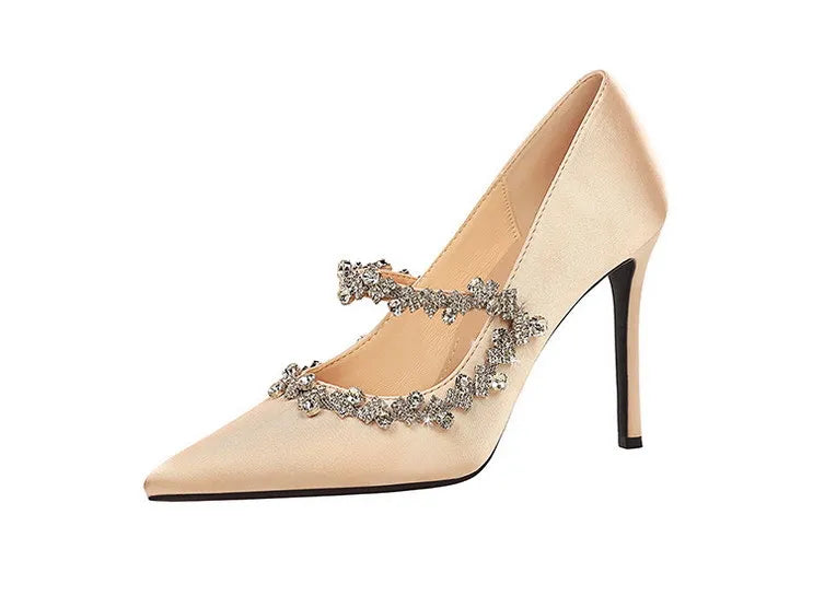 Elegant French Style High Heels Women's Satin Pointed Toe Shoes with Water Diamond Decoration Thin Heel Single Shoes
