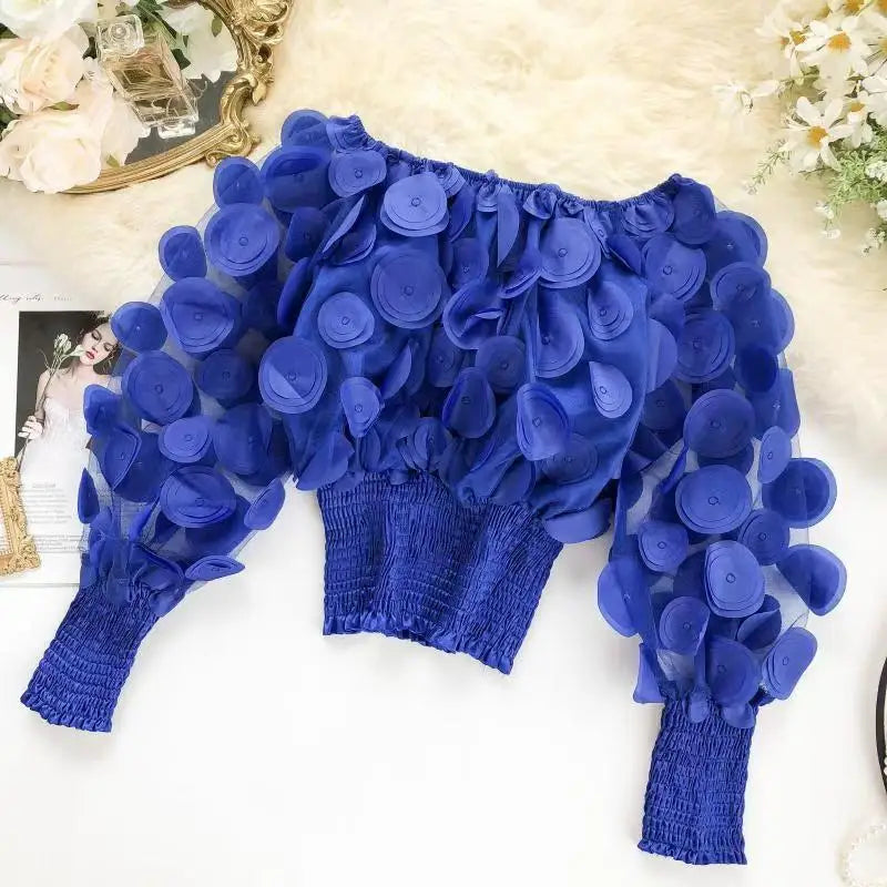 Fashion Women's Shirt Floral Pattern Shirred Sheer Mesh Patch Long Sleeve Off The Shoulder Gigot Sleeve Top