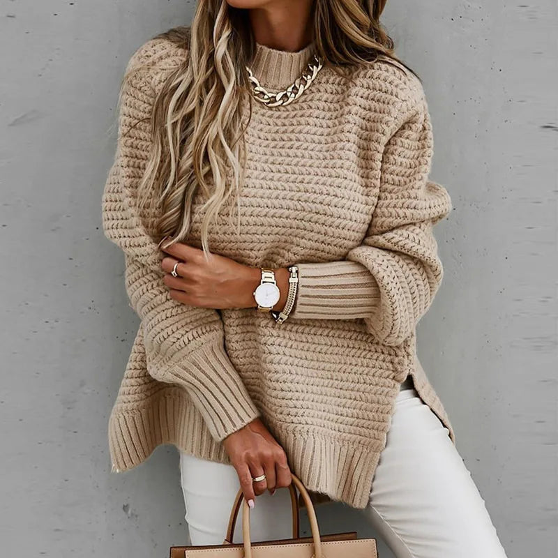 Solid Color Simple Semi-high Collar Long-sleeved Split Pullover Sweater Autumn Winter Women's New Loose Casual Knitted Sweater Natalia Home Fashion    Natalia Home Fashion