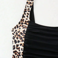 Women's Leopard Print Summer Beach Tankini Swimsuit Set, Consisting of Vest and Boxer Shorts