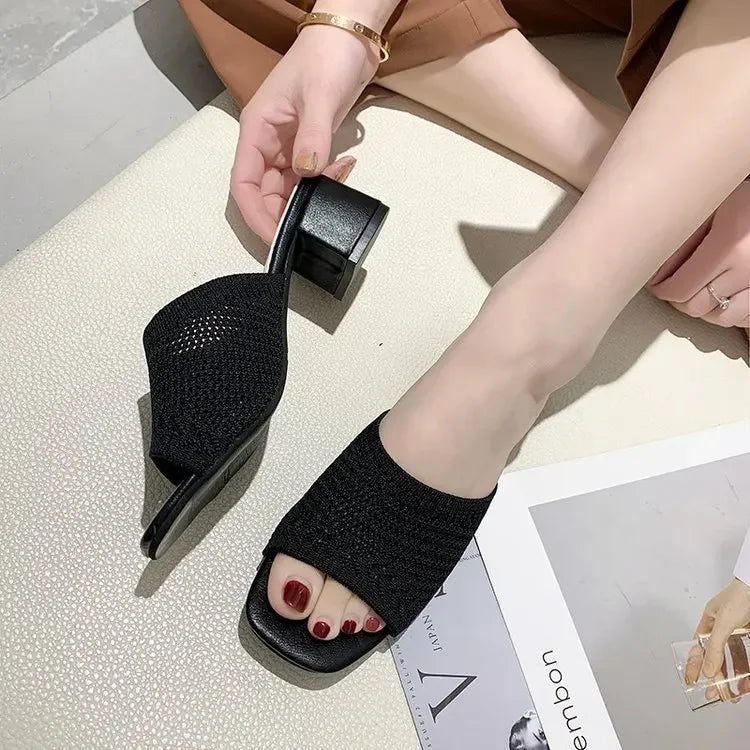 Women Slippers Open Toe Comfort Slippers Women Fashion Fly Weave Outdoor Sandals Women Medium Heel Slippers - Natalia Home Fashion