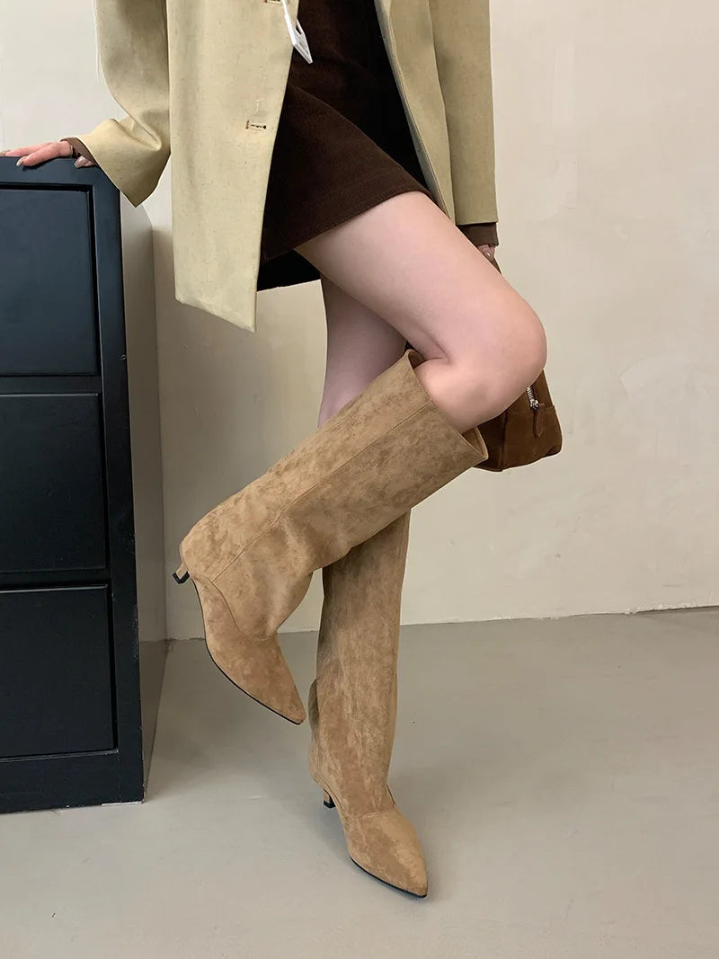 Street Style Pointed Toe Knee-High Boots Women Low Heels Shoes Female Long Booties Women Shoes