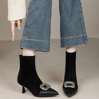 Fashionable Slim Fit Diamond Decorated Pointed Toe High Heel Bootie Mid-Calf Zipper Closure Leather Boot for Women