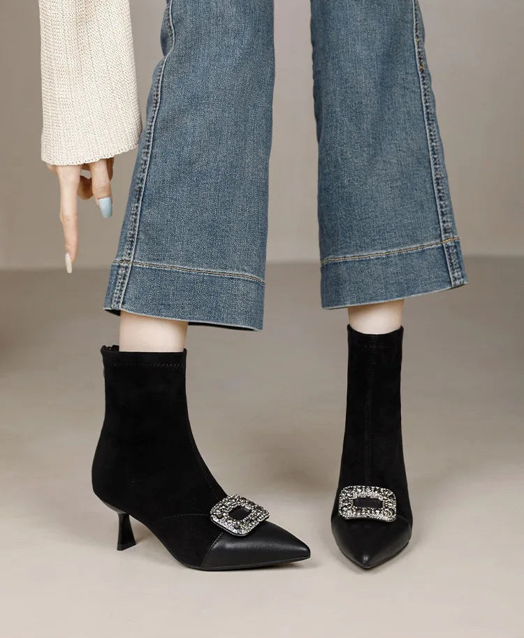 Fashionable Slim Fit Diamond Decorated Pointed Toe High Heel Bootie Mid-Calf Zipper Closure Leather Boot for Women