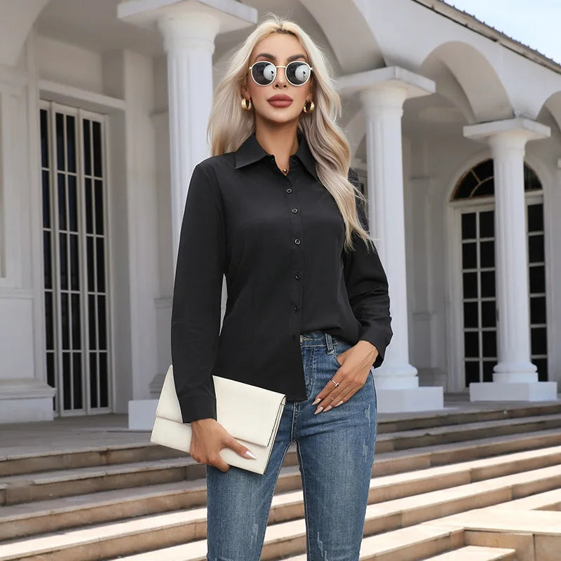 Women Spring Autumn Style Blouses Shirts Lady Casual Long Sleeve Turn-down Collar Solid Color Blouse Tops Natalia Home Fashion    Natalia Home Fashion