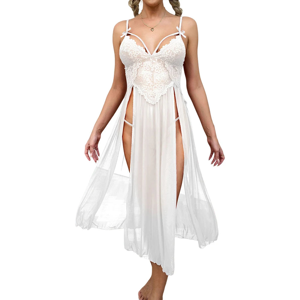 Sexy Lace Solid Women Sleepwear Underwear Mesh Lingerie Deep V Side Slit Sleeveless Female Fashion Robe Dress Nightwear