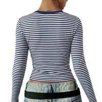 Y2K Striped Slim Fit Long Sleeve V Neck Tee Tops T Shirt Blouse Women Spring Summer Matching Set Natalia Home Fashion    Natalia Home Fashion
