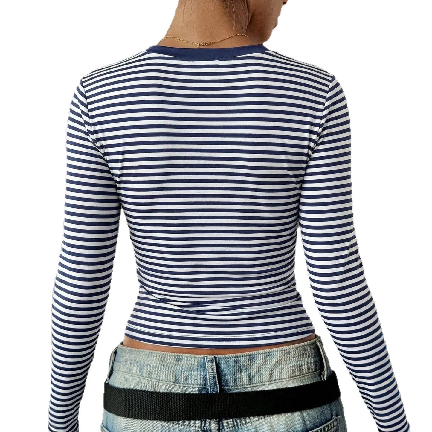 Y2K Striped Slim Fit Long Sleeve V Neck Tee Tops T Shirt Blouse Women Spring Summer Matching Set Natalia Home Fashion    Natalia Home Fashion