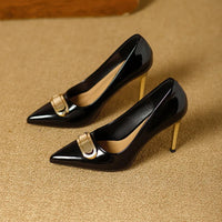 French Style Single Shoes Spring Women Pumps New Pointed Toe Shallow Mouth Metallic Buckle Commuting Shoes Stiletto Single Shoes
