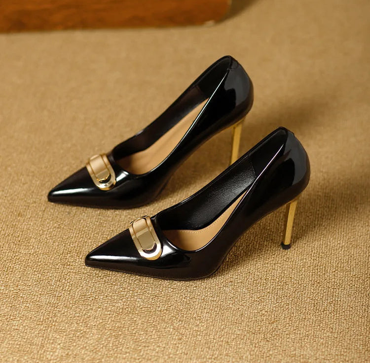 French Style Single Shoes Spring Women Pumps New Pointed Toe Shallow Mouth Metallic Buckle Commuting Shoes Stiletto Single Shoes
