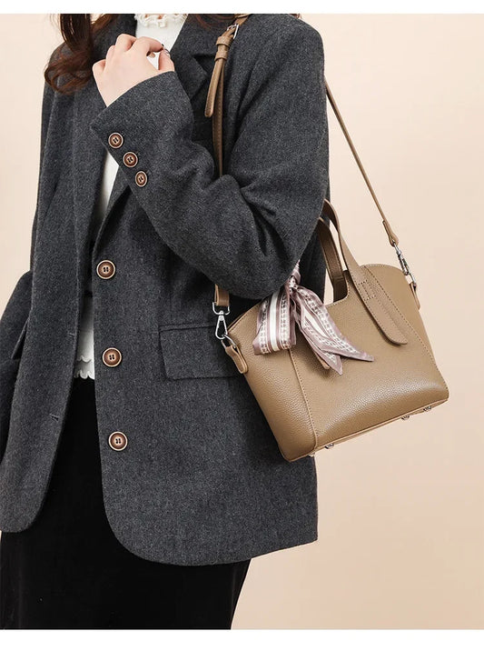 Pure Leather Cowhide Single Shoulder Crossbody Bag Ladies Handbag Fashion Bucket Bag Simple Basket Comes with Scarf