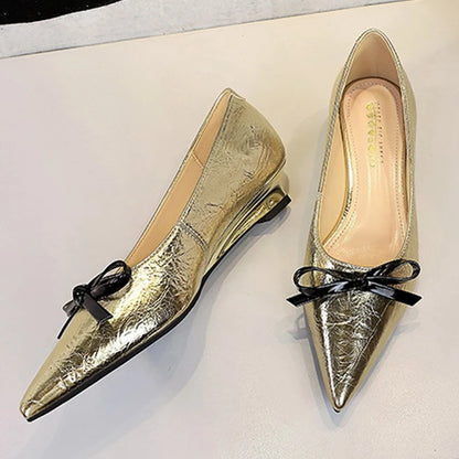 Butterfly-knot Pumps Pointed Toe Woman Wedges Heels Elegant Ladies Shoes