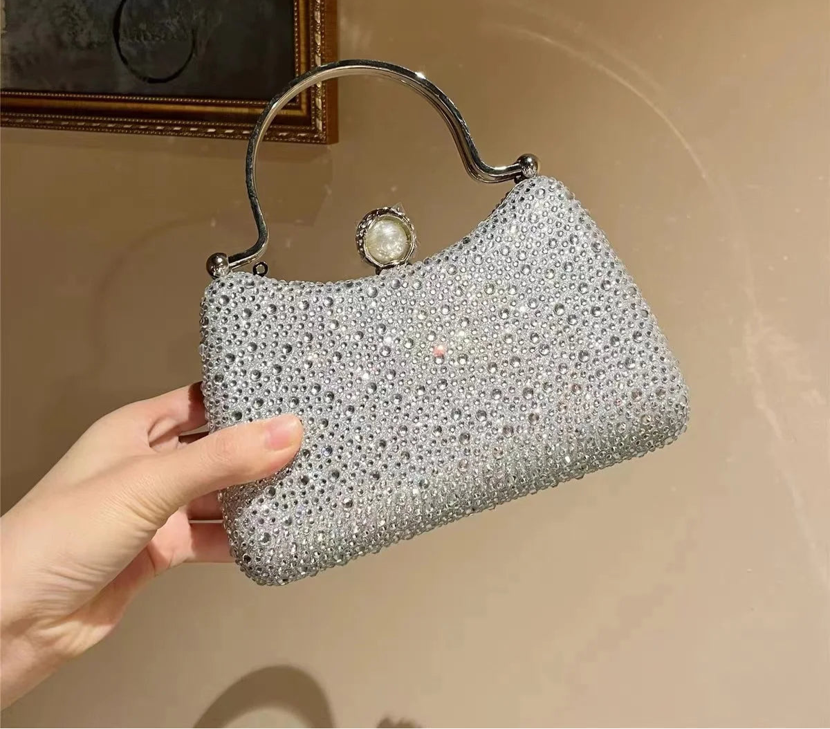 Glitter Shiny Diamonds Evening Bag Metal Handle Square Bag Fashion Women Handbag Wedding Party Clutch Purse Female