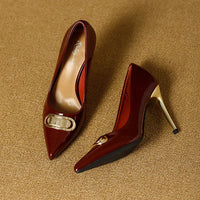 French Style Single Shoes Spring Women Pumps New Pointed Toe Shallow Mouth Metallic Buckle Commuting Shoes Stiletto Single Shoes